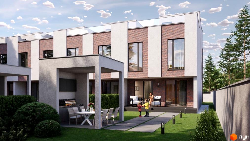 Зовнішній вигляд таунхаусів FAMILY PARK RESIDENCE BC з цегляним фасадом та великими вікнами. Прибудинкова територія з терасою, зоною барбекю та дитячим майданчиком.