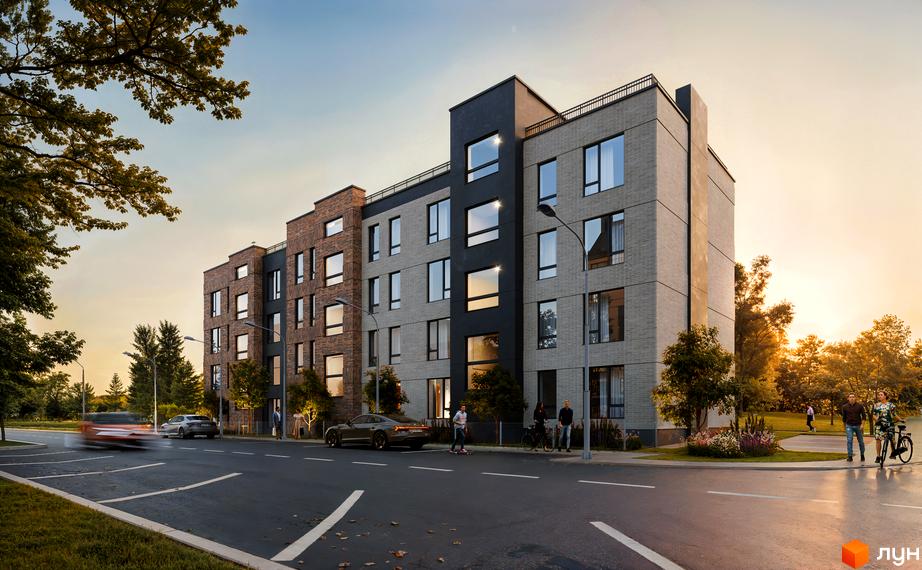 Будинок ЖК Art Misto Smart з цегляним та сірим фасадом, великими вікнами. Навколо будинку зелена територія з деревами та людьми.