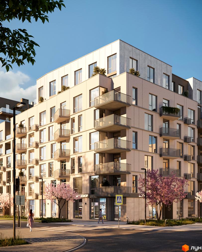 Зовнішній вигляд будинку житлового комплексу ЛЮМ з балконами та вікнами, поруч дерева та пішохідний перехід.