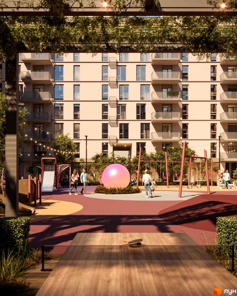 Новобудова ЖК ЛЮМ з балконами та великими вікнами, на прибудинковій території дитячий майданчик та зона відпочинку.
