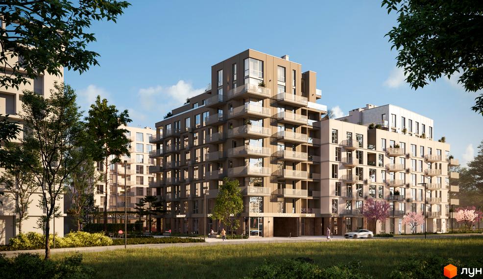 Житловий комплекс ЛЮМ – це багатоповерхові будинки з балконами та великими вікнами, оточені зеленою прибудинковою територією з деревами та газонами.