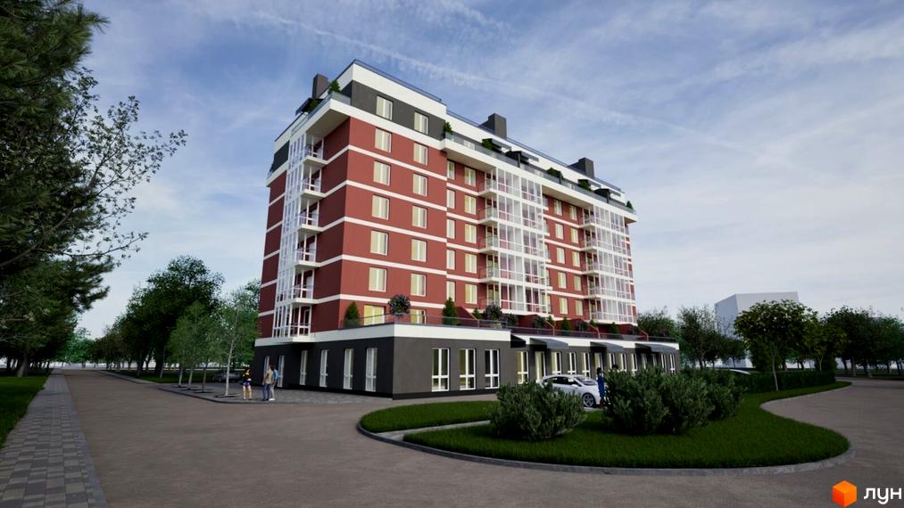 Зовнішній вигляд житлового комплексу Київський з червоною цегляною фасадною частиною та скляними балконами. Навколо новобудови розташована доглянута прибудинкова територія з деревами та кущами.