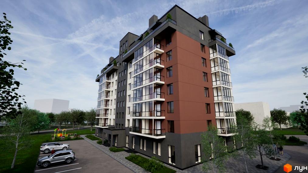 Зовнішній вигляд житлового комплексу Київський з цегляним фасадом та панорамними вікнами. Поруч розташовані дитячий майданчик та парковка з автомобілями.