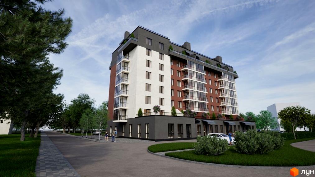 Зовнішній вигляд житлового комплексу Київський з цегляним фасадом та великими вікнами, зелена прибудинкова територія з деревами та доріжками.