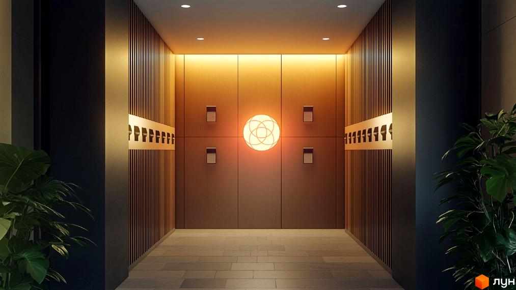 ЛЮМ - стильний вхід у новобудову з дерев'яними панелями та декоративним освітленням. Біля входу розташовані зелені рослини.