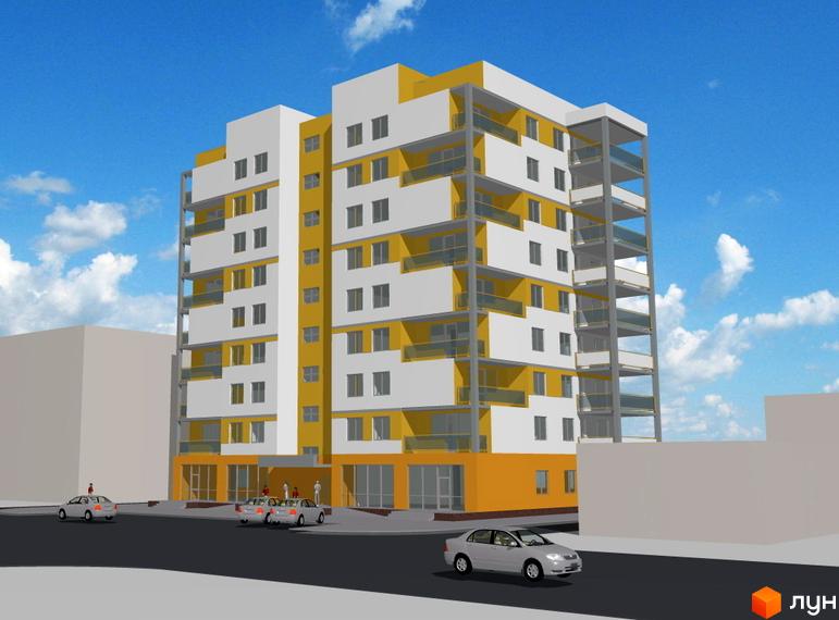 Зображення фасаду будинку на вулиці Ребета. Багатоповерхова будівля з балконами та великими вікнами, поруч розташовані автомобілі.