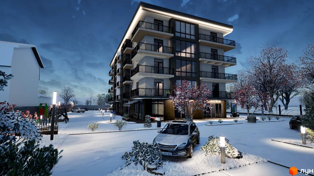 Житловий комплекс Загорський з фасадом з вікон та балконів у зимовий час. На прибудинковій території розташовані дерева, освітлення та дитячий майданчик.