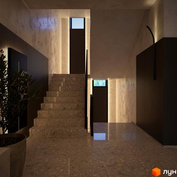 Інтер'єр Житлового комплексу Загорський з кам'яними сходами та підлогою, освітлений вбудованими світильниками. Хол з темними панелями та світлими стінами.