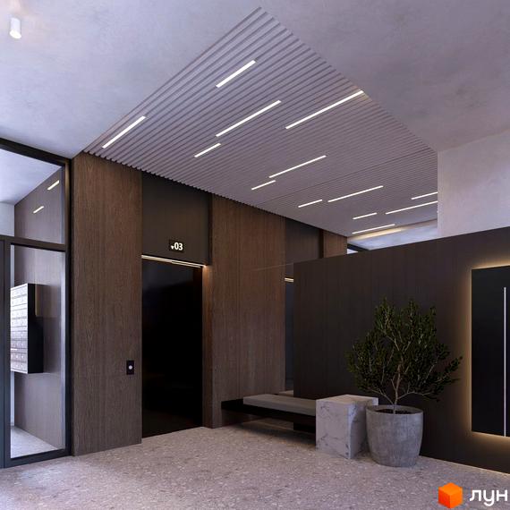Лобі Житлового комплексу Загорський з дерев'яними панелями, ліфтом та зоною відпочинку. Підлога тераццо, стеля з лінійним освітленням.