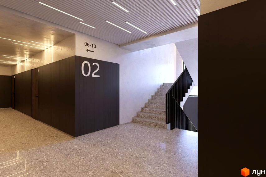 Сучасний хол житлового комплексу Загорський з дверима та сходами. Оздоблення стін та підлоги виконано в світлих тонах.