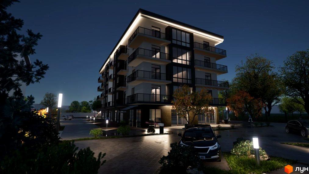 Житловий комплекс Загорський має багатоповерховий будинок з балконами та великими вікнами, освітлений вночі. Прибудинкова територія облаштована ліхтарями та місцями для паркування.