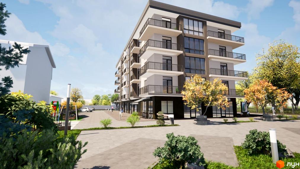 Зовнішній вигляд ЖК Загорський з балконами та великими вікнами, поруч дитячий майданчик та парковка. Сучасна новобудова з доглянутою прибудинковою територією.