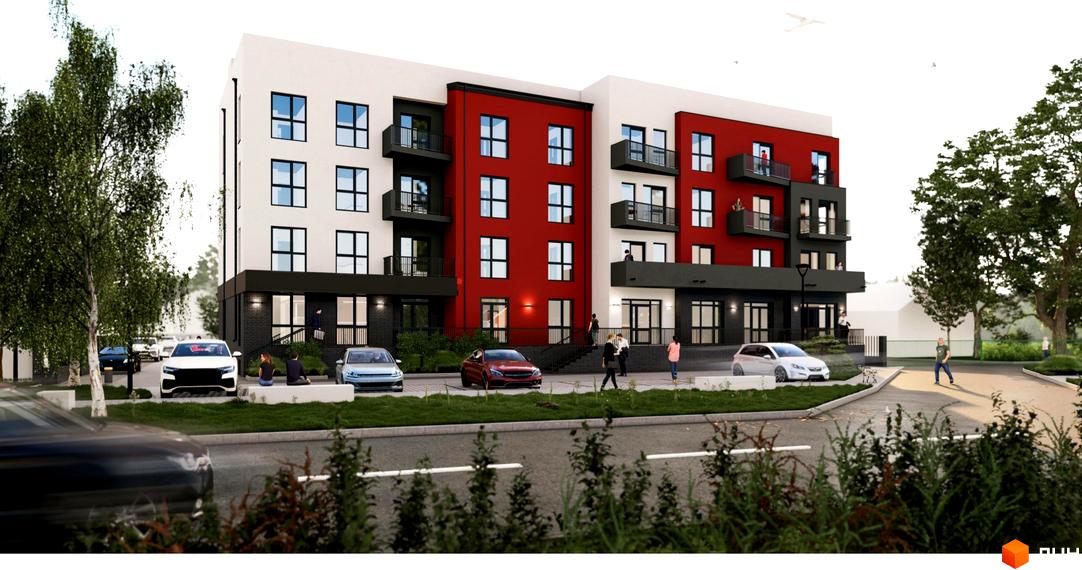 Новобудова ЖК FreeDom з червоними та білими фасадами, балконами та прибудинковою територією з деревами та автомобілями.