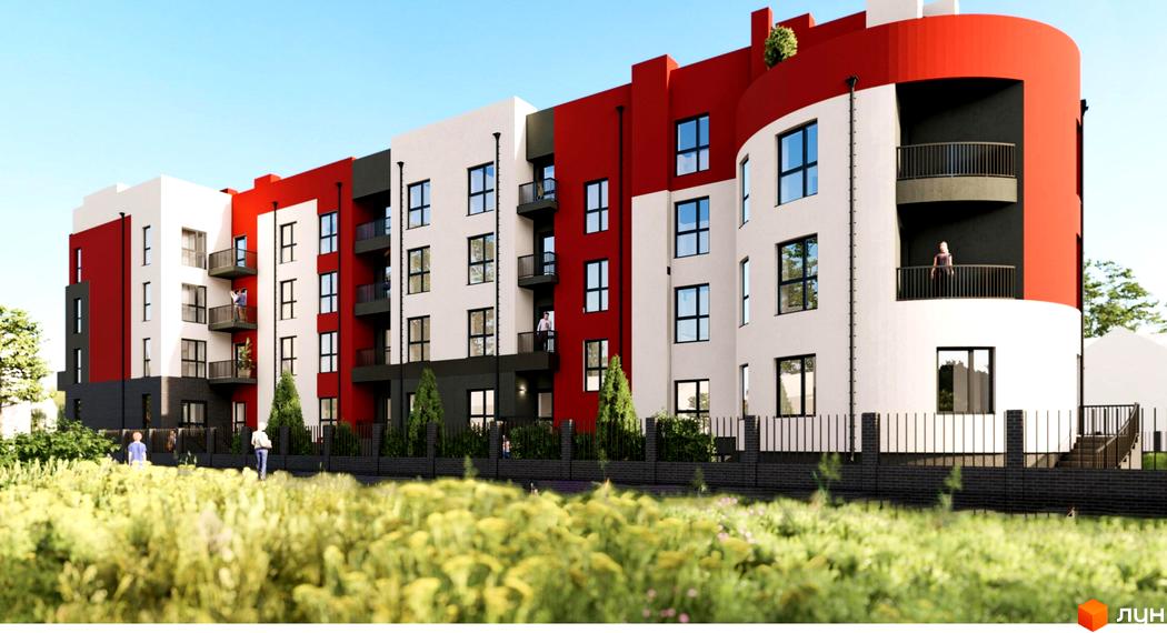 Новобудова ЖК FreeDom з біло-червоними фасадами та балконами. Навколо будинку зелена зона та паркан.