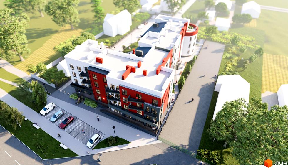 Житловий комплекс FreeDom: багатоповерхова будівля з червоно-білим фасадом та балконами, прибудинкова територія з парковкою та зеленими зонами.