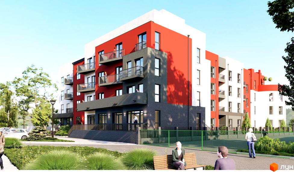 Житловий комплекс FreeDom з фасадами червоного та сірого кольорів, балконами та прибудинковою територією з зеленими насадженнями та лавками.