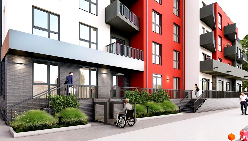 Зовнішній вигляд новобудови ЖК FreeDom з червоними та білими фасадами, балконами та прибудинковою територією з зеленими насадженнями та пандусом для людей на візках.