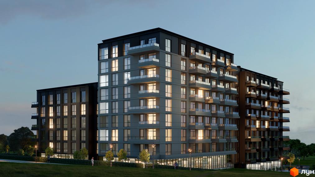 Зовнішній вигляд новобудови ЖК AUROOM URBAN з численними балконами та великими вікнами на тлі вечірнього неба. Прибудинкова територія з освітленням та зеленими насадженнями.