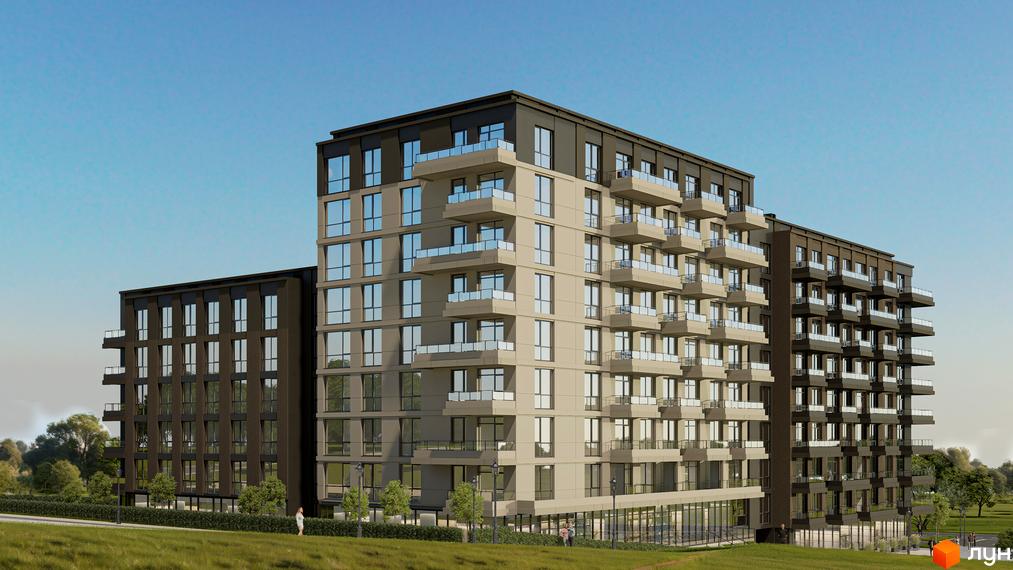 Сучасний житловий комплекс AUROOM URBAN з балконами та великими вікнами на тлі блакитного неба. Навколо зелена трава та дерева.