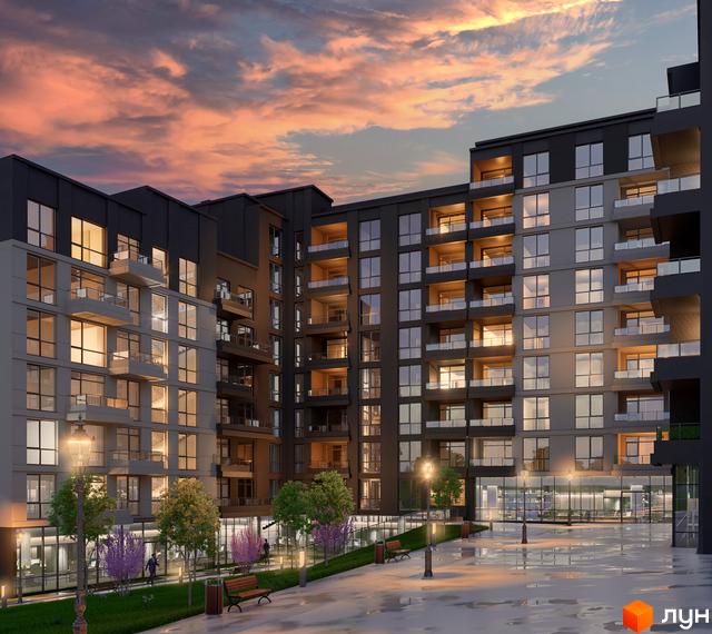 Житловий комплекс AUROOM URBAN з багатоповерховими будинками та скляними балконами на тлі вечірнього неба. Прибудинкова територія з лавками та деревами.