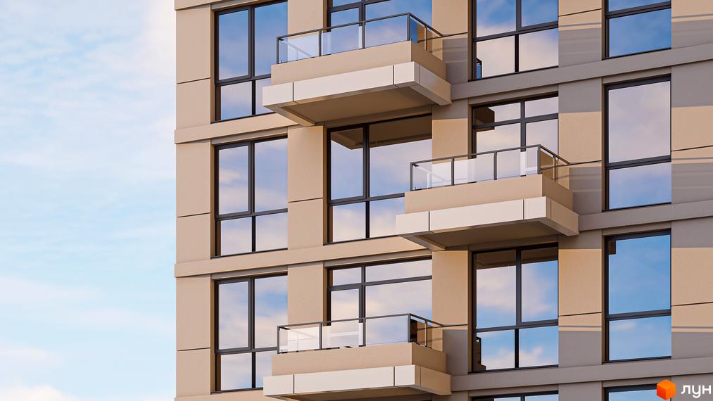 Зовнішній вигляд новобудови ЖК AUROOM URBAN з балконами та великими вікнами на тлі блакитного неба. Фасад будинку виконаний у світлих тонах.