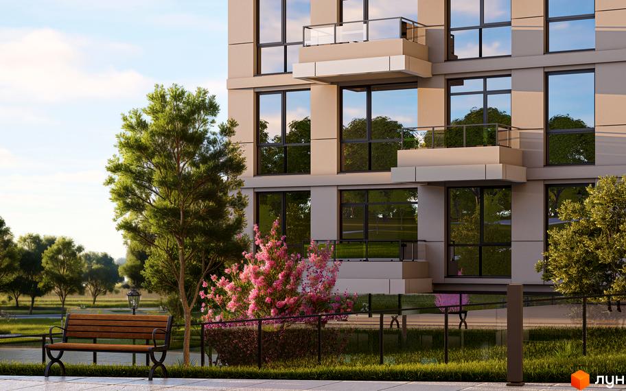 Зовнішній вигляд новобудови ЖК AUROOM URBAN з балконами та великими вікнами, прибудинкова територія з лавкою та деревами.