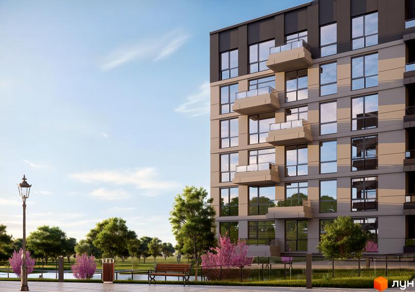 Житловий комплекс AUROOM URBAN - багатоповерховий будинок з балконами та великими вікнами, розташований біля парку з деревами та лавками.