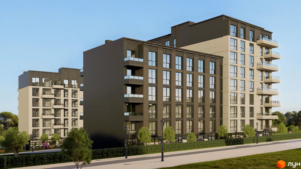 Зовнішній вигляд житлового комплексу AUROOM URBAN з цегляним фасадом та балконами. Навколо комплексу зелена зона з деревами та доріжками.