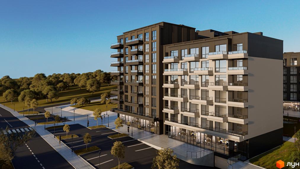 Зовнішній вигляд житлового комплексу AUROOM URBAN з балконами та великими вікнами, що виходить на зелену зону та дорогу з парковкою.