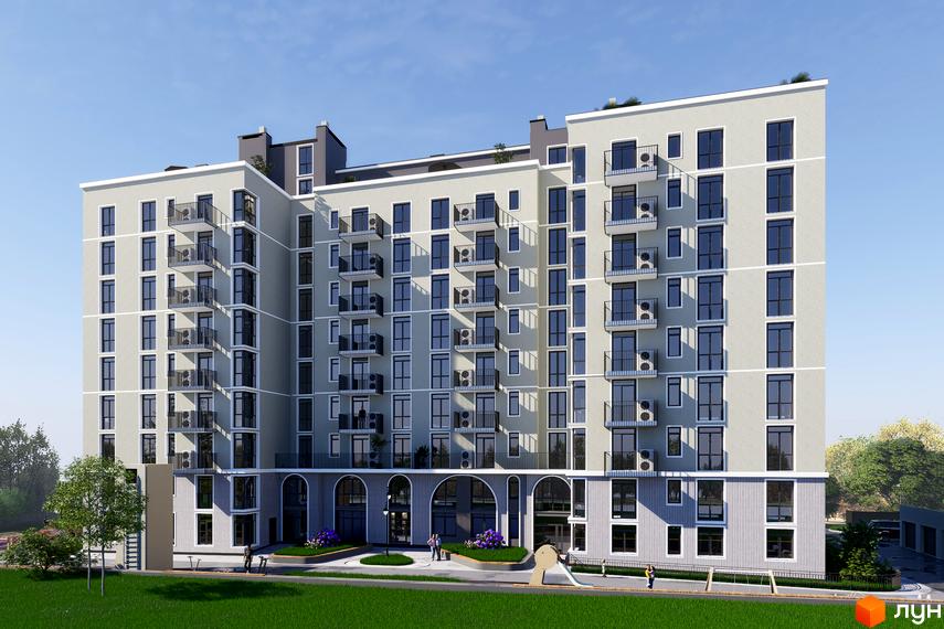 Зовнішній вигляд житлового комплексу Perfect House з багатьма балконами та великими вікнами, прибудинкова територія з зеленим газоном та дитячим майданчиком.