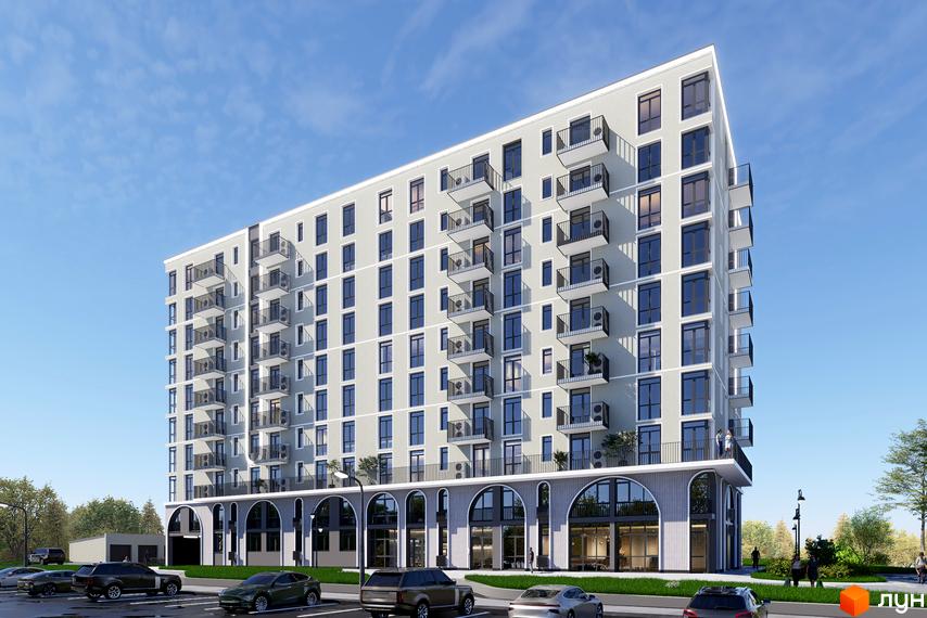 Житловий комплекс Perfect House - багатоповерхова новобудова зі скляними балконами та арковими вікнами на першому поверсі. Поруч парковка та зелена зона.