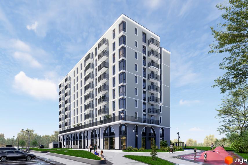 Житловий комплекс Perfect House з сірим фасадом, балконами та арками на першому поверсі. Поруч розташована прибудинкова територія з зеленими зонами та дитячим майданчиком.