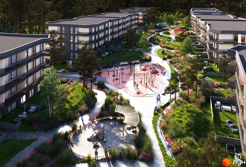 Житловий комплекс Stone Space з багатоповерховими будинками та облаштованою прибудинковою територією з дитячим майданчиком та зонами відпочинку.