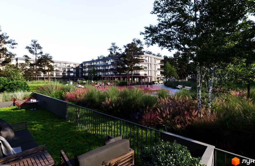 Житловий комплекс Stone Space з архітектурою, що гармонійно вписується в ландшафт, з просторою прибудинковою територією та зонами для відпочинку.