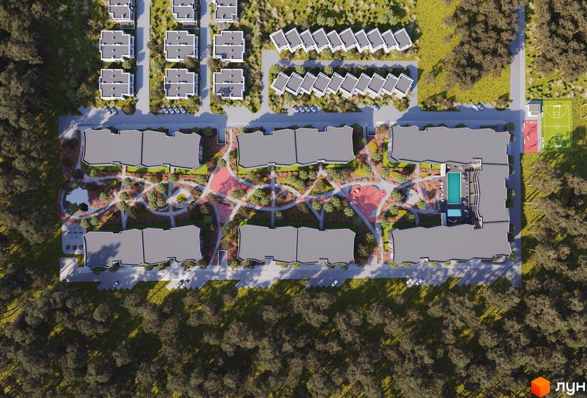 Житловий комплекс Stone Space з висоти пташиного польоту, що показує сірі будівлі та прибудинкову територію з зеленими насадженнями, доріжками та басейном.