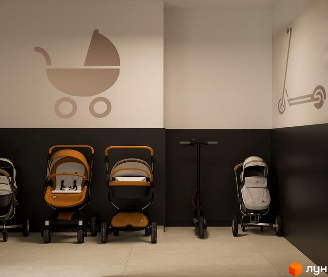 Зона для паркування дитячих візочків та самокатів у Житловому комплексі Stone Space. На стіні зображені відповідні піктограми.