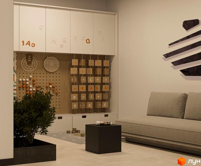 Дитяча кімната в ЖК Stone Space з інтерактивними навчальними елементами та зручним диваном. Простір для розвитку та відпочинку дітей.