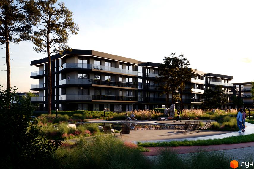 Житловий комплекс Stone Space: багатоповерхові будинки темного кольору з балконами, оточені зеленою територією з водоймою та зонами відпочинку.