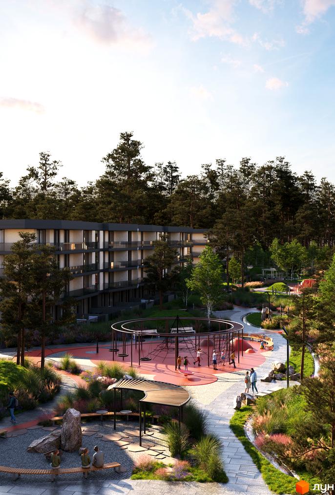 Житловий комплекс Stone Space з фасадами з темних панелей та скляними балконами, оточений сосновим лісом. На прибудинковій території облаштовано дитячий майданчик та зони для відпочинку.