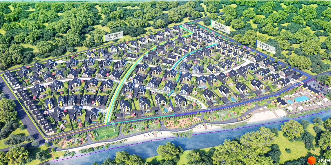 Котеджне містечко Ovillas: акуратні будинки з темними дахами та білими стінами, зелені галявини та зона відпочинку біля води.