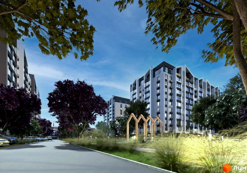 Житловий комплекс Edem Перлина Проскурова-4. Фасад новобудови з балконами та панорамними вікнами, зелена прибудинкова територія з деревами та дитячим майданчиком.