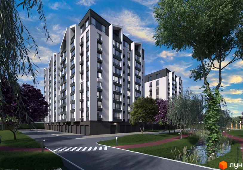 Житловий комплекс Edem Перлина Проскурова-4 - це сучасна новобудова з біло-сірими фасадами та балконами, оточена зеленою зоною з деревами та водоймою.
