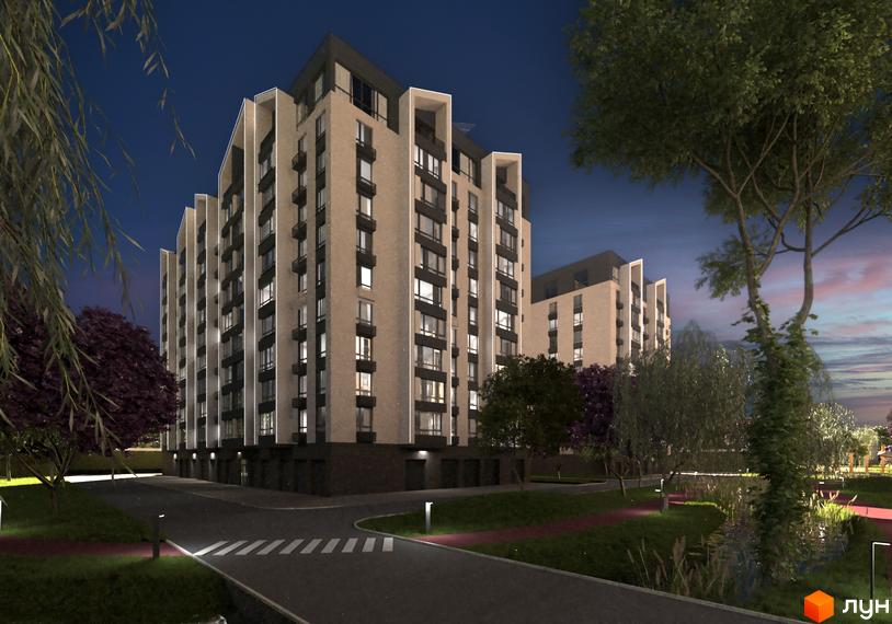 Житловий комплекс Edem Перлина Проскурова-4. Зовнішній вигляд будівель з цегляним фасадом та балконами в вечірній час доби, прибудинкова територія з деревами та освітленням.