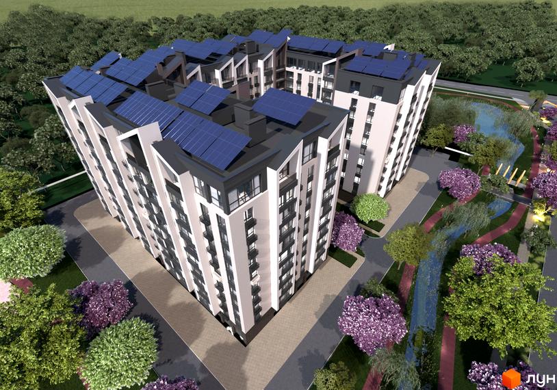 Житловий комплекс Edem Перлина Проскурова-4 з сонячними панелями на даху та озелененою територією з водоймою та пішохідними доріжками.