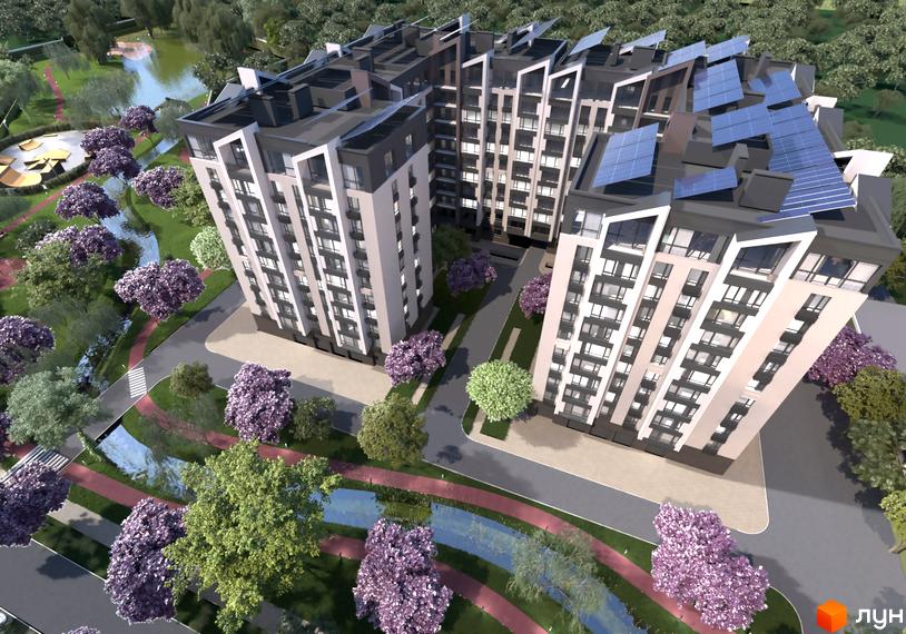 Житловий комплекс Edem Перлина Проскурова-4 з сонячними панелями на даху та зеленою прибудинковою територією з озером та деревами.