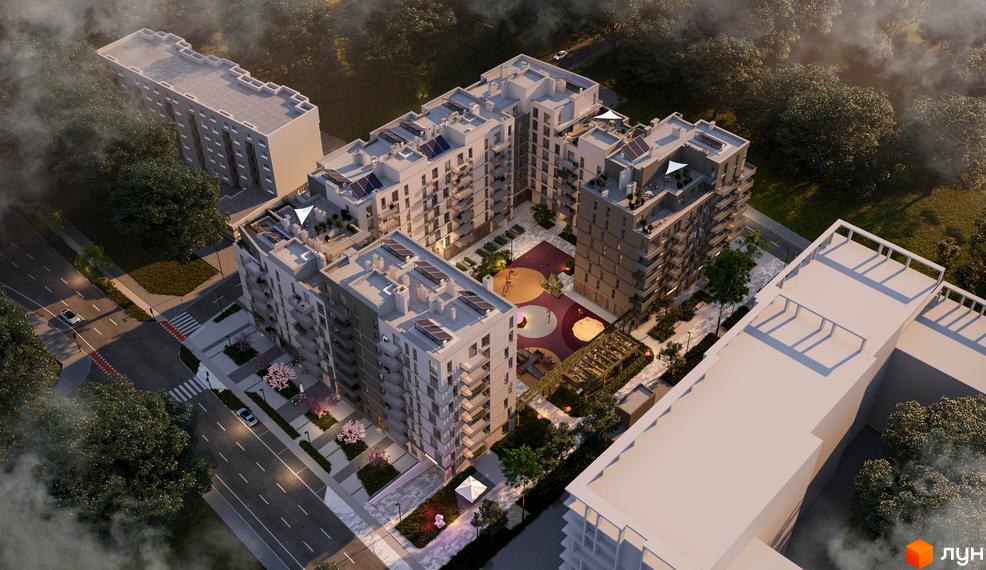 Новобудова ЖК ЛЮМ з сонячними панелями на даху та внутрішнім двориком з дитячим майданчиком. Оточений деревами та має вихід на дорогу.