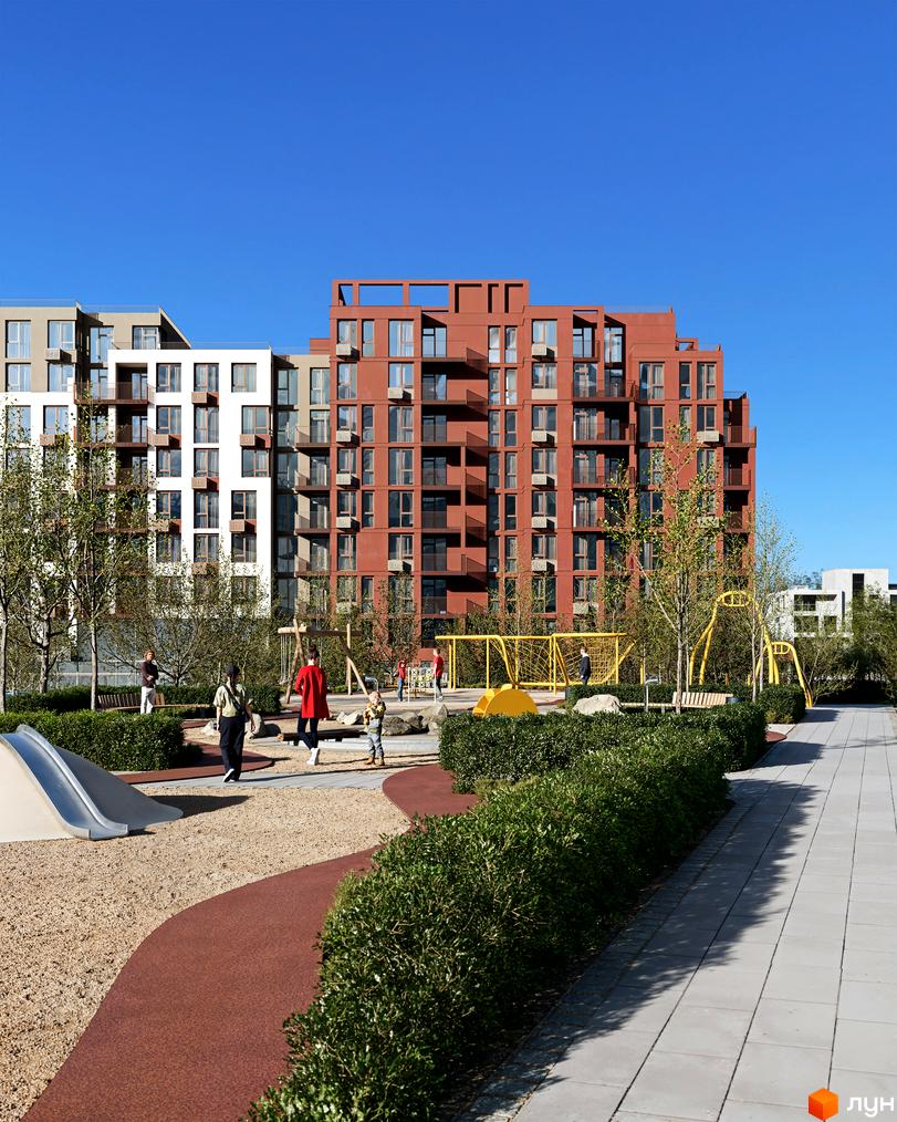 Житловий комплекс Avalon Terra з червоною та білою фасадною обробкою, дитячим майданчиком, гіркою та зеленими насадженнями.