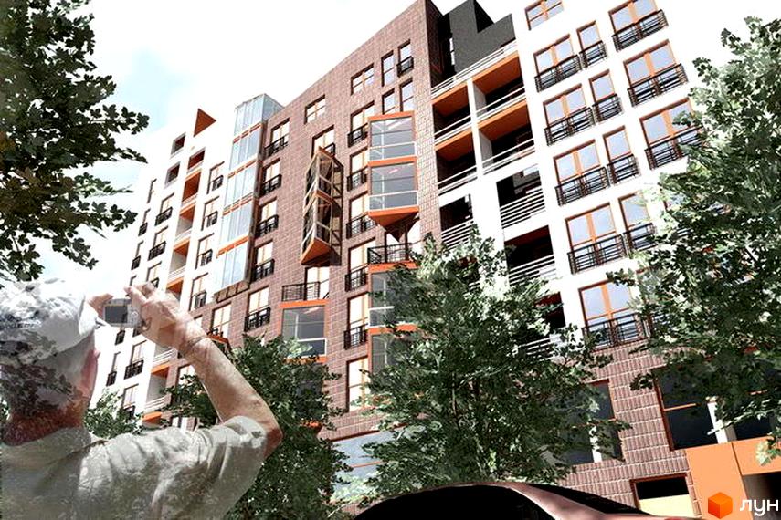 Зображення фасаду будинку на Бельведерській, 32а. Багатоповерхова будівля з великими вікнами та балконами.