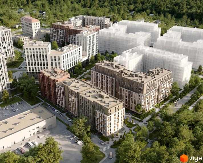 Житловий комплекс Avalon Terra - це сучасна забудова з різнокольоровими фасадами та зеленою прибудинковою територією. На зображенні видно декілька будинків різної поверховості та автомобілі на парковці.