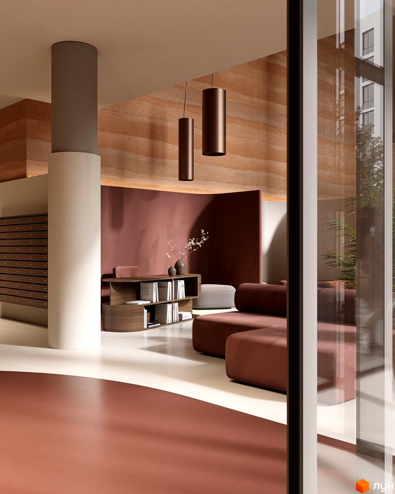 Інтер'єр лобі житлового комплексу Avalon Terra з диванами, полицями та поштовими скриньками. Сучасний дизайн з натуральними матеріалами.